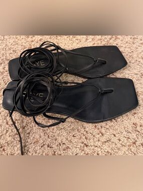 RAYE Square Toe Leather Kitten Heel Strappy Lace Up Flip Flops, Black, 7.5